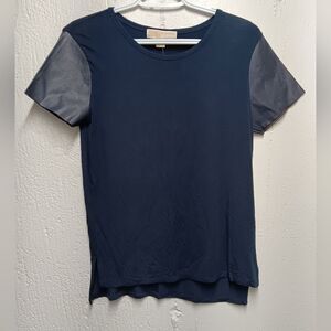 Michael Kors Navy Blue Top with Faux Leather Sleeves